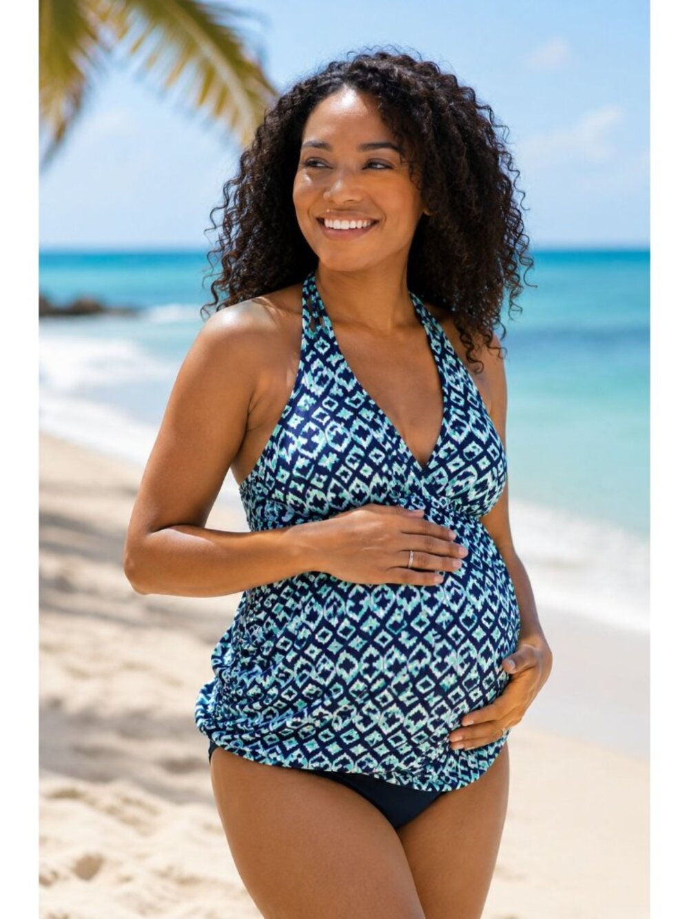 Liz Lamge Halter Tankini Top Geometric Coastal Resort Swimwear L/DD